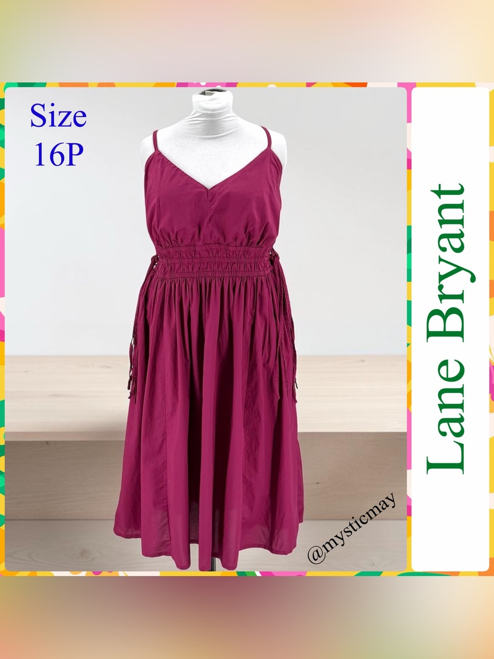 LANE BRYANT Magenta Smocked Cross Back Challis Midi Peasant Dress Plus Size 16P